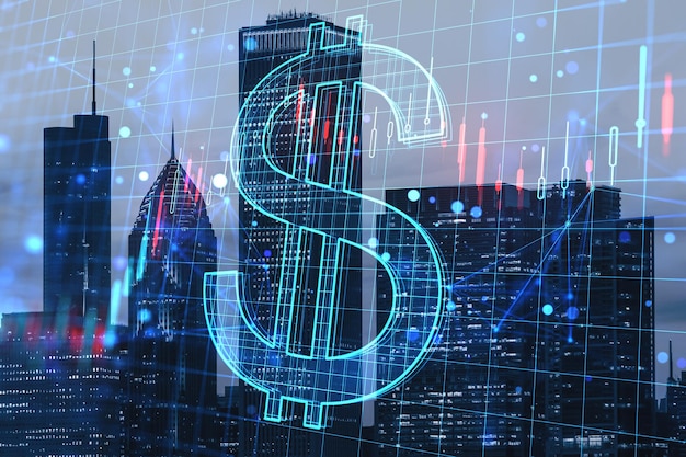 Creative glowing dollar hologram and forex chart on blurry city background with grid Money trade market online banking app currency and finance concept Double exposure