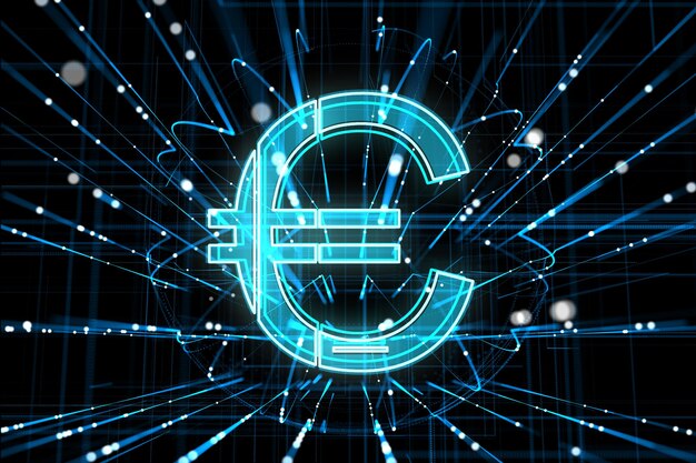 Foto ologramma creativo dell'euro luminoso con linee metaverse su sfondo scuro money online banking app valuta e concetto finanziario rendering 3d