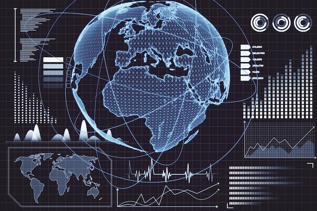 Interfaccia di business digitale globale brillante e creativa su sfondo blu sfocato finanza innovazione commercio e concetto di crescita rendering 3d