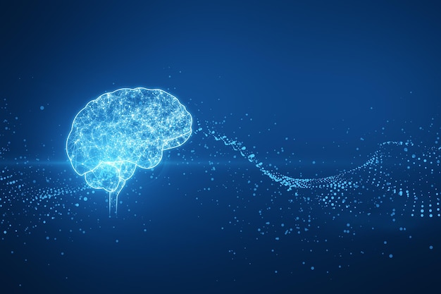 Ologramma cerebrale poligonale incandescente creativo su sfondo blu sfocato ricerca neurologica concetto di intelligenza artificiale rendering 3d