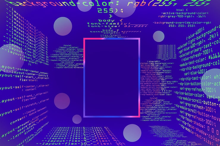 Photo creative glowing purple coding programming background with square mock up frame big data and code concept 3d rendering