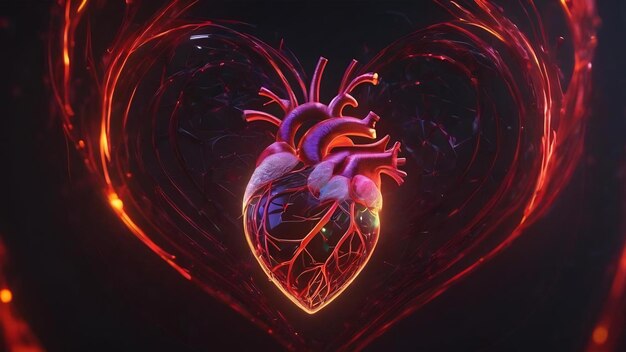 Creative glowing red digital heart futuristic interface hologram on dark background medicine cardiol