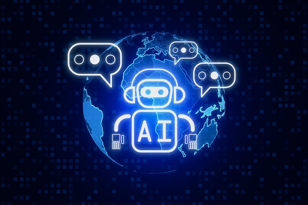 Photo creative glowing robot and globe ai hologram on dark blue pixels background machine learning artificial intelligence and innovation concept 3d rendering