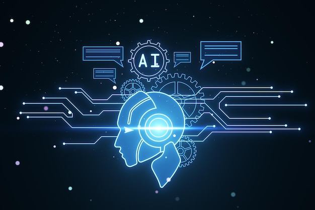 어두운 흐릿한 배경에 창의적인 빛나는 로 ⁇  머리와 아이콘 채팅 GPT 기계 학습과 AI 개념 3D 렌더링