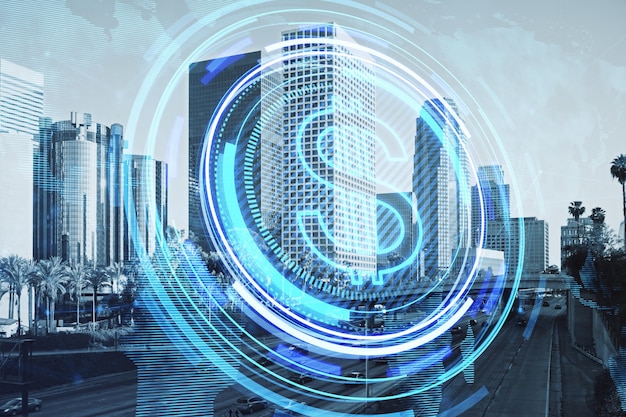 Creative glowing round dollar icon and map hologram on blurry city view backdrop finance currency and global business technologies concept double exposure