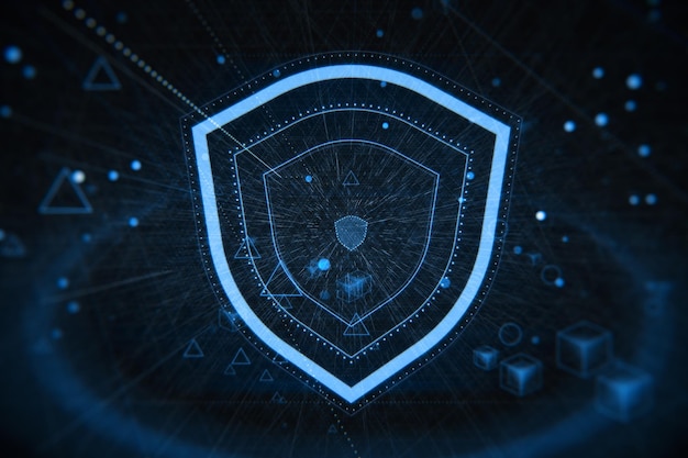 Creative glowing shield hologram on blue backdrop with various\
blurry icons cyber security data protection concept modern\
wireframe design 3d rendering