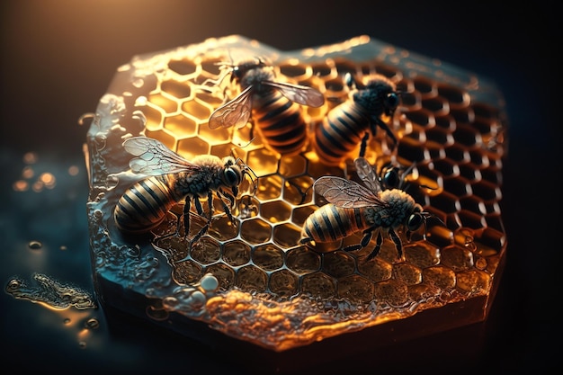 Photo creative and gorgeous sets of sweet and fresh honey bees and honeycomb proper nutrition natural sugar substitute ecological fructose healthy living flowers of the meadow