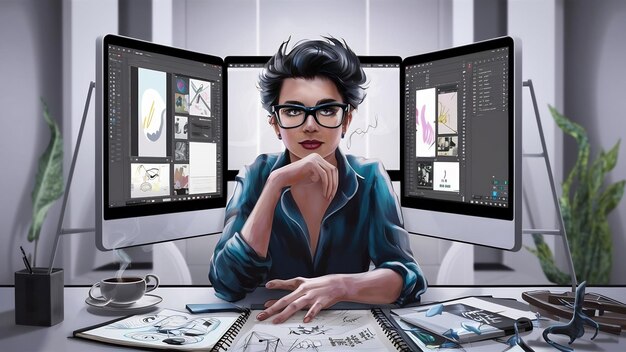 Photo creative graphic designer in front of computer