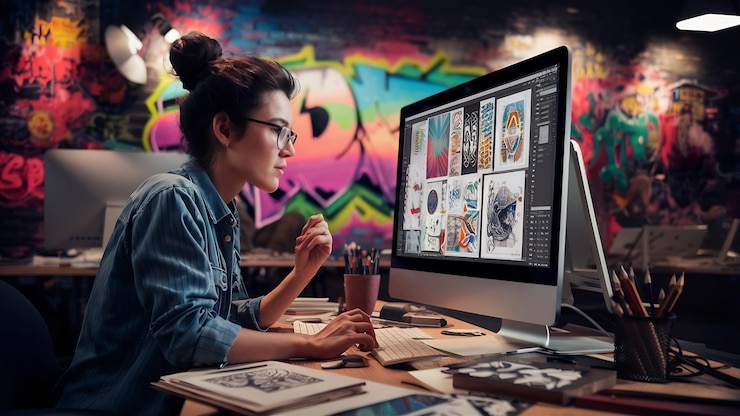 Photo creative graphic designer in front of computer