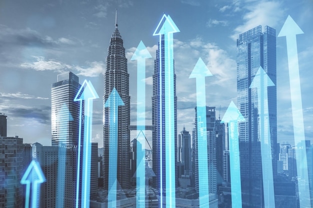 Creative growing arrows chart on blurry city texture return on\
investment finance and market growth concept double exposure