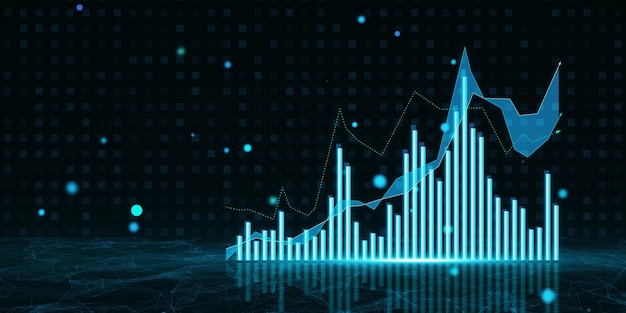 Creative growing blue forex chart on dark background Trade finance and stock concept 3D Rendering