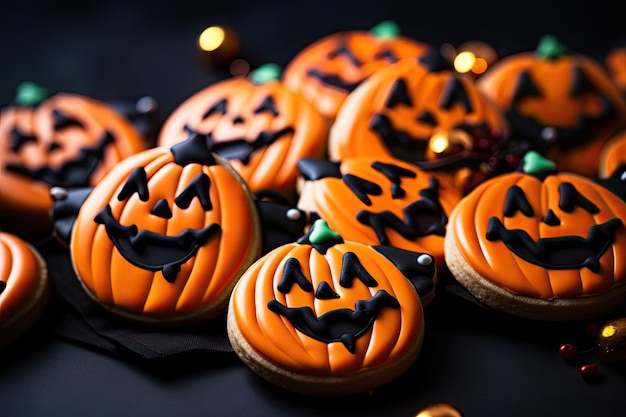 Creative Halloween background with selective focus and blank space featuring gingerbread cookies on