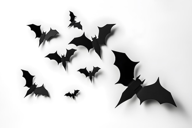 Photo creative halloween bat paper cut art on white gray background