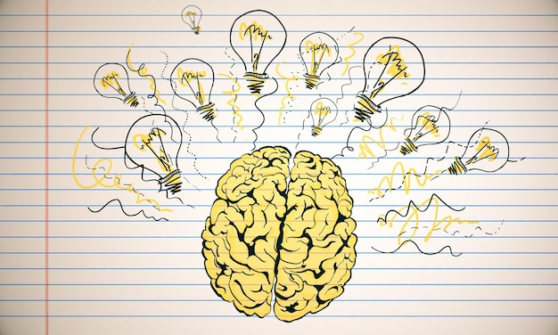 Photo creative hand drawn brain and light bulbs on copybook page background brainstorm and idea concept 3d rendering