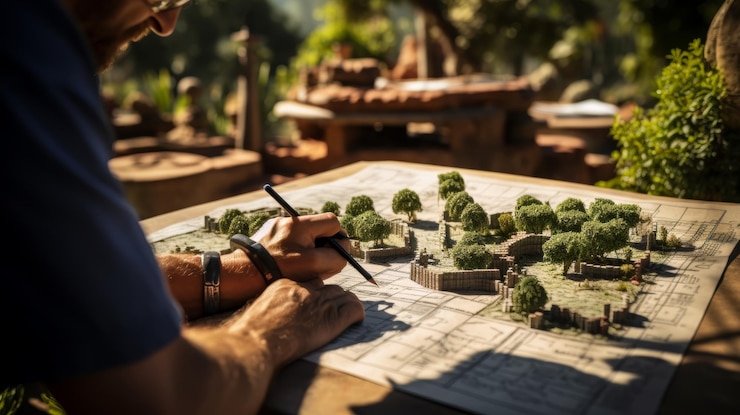 Photo creative hand drawn garden design featuring trees pathways and lush green spaces