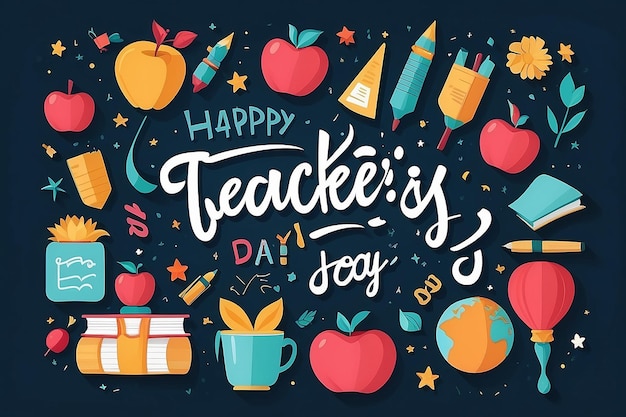 장식적인 두들 배경에서 행복한 교사 날 축하를 위한 창의적인 손 글자 텍스트