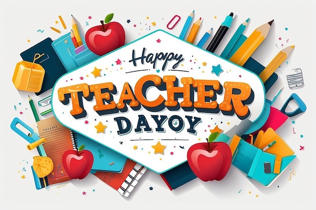 Photo creative hand lettering text for happy teachers day celebration on decorative doodle background