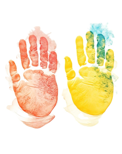 Photo creative handprints happy childhood design artistic children's print bright human fingers and palm