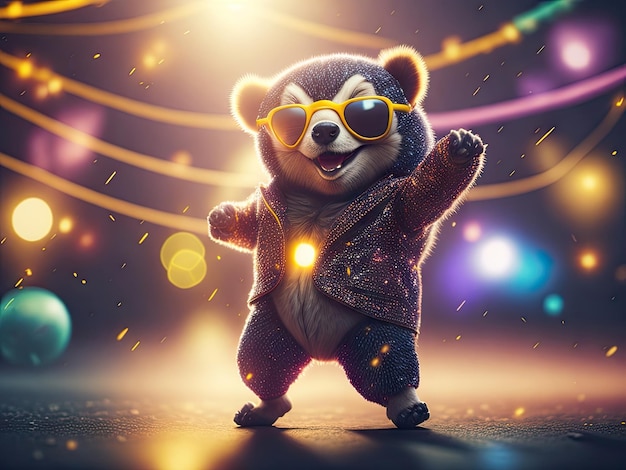 Creative happy bear in disco clothes dance ai generative