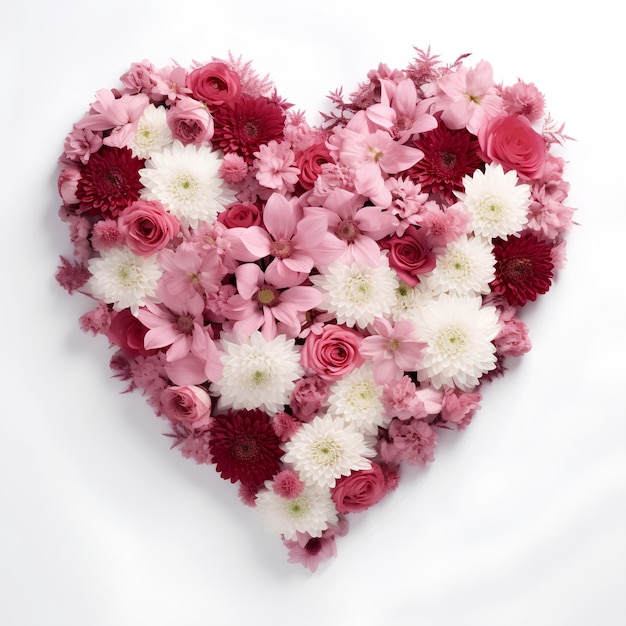 A creative heart made of flowers on a white background for Valentine's Day