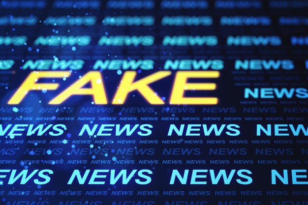 Creative hitech news hologram on blurry blue wallpaper with bright 'fake' word television fake news and digital communication concept 3d rendering