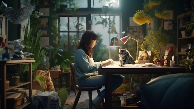 creative home work space work from home concept girl with cat