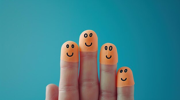 Photo a creative and humorous image of three fingers with smiling faces drawn on each capped with an