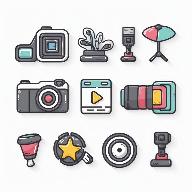 사진 모바일 앱 디자인을 위한 크리에이티브 아이콘 세트 타이틀
