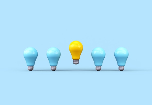 Creative idea 3D render Yellow light bulb surrounded by blue light bulbs