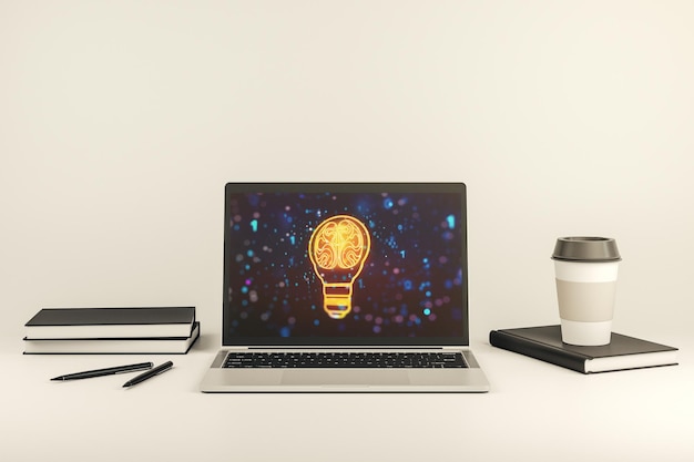Creative idea concept with light bulb and human brain illustration on modern laptop screen Neural networks and machine learning concept 3D Rendering