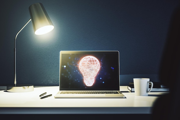 Creative idea concept with light bulb illustration on modern laptop screen 3D Rendering