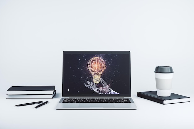 Creative idea concept with light bulb illustration on modern laptop screen 3D Rendering