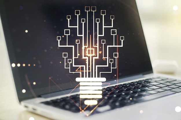 Creative idea concept with light bulb and microcircuit illustration on modern laptop background Neural networks and machine learning concept Multiexposure