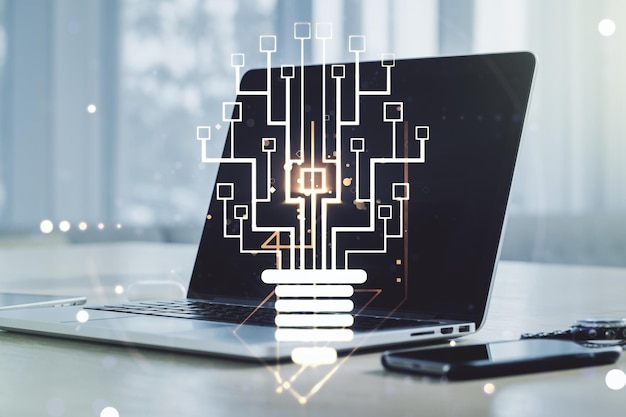 creative idea concept with light bulb and microcircuit illustration on modern laptop background neural networks and machine learning concept multiexposure