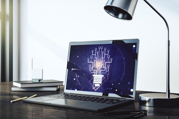 Концепция творческой идеи с иллюстрацией лампочки и микросхемы на экране современного ноутбука Нейронные сети и концепция машинного обучения 3D рендеринг