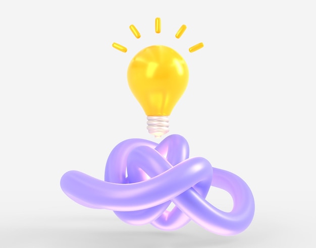 Фото Креативная идея вдохновения концепция инноваций мультфильм 3d рендеринг иллюстрации светящейся лампы и фиолетовой линии беспорядка, завязанной узлом символ поиска решения или анализа стратегии мозгового штурма