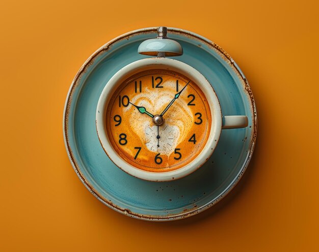 Photo creative idea layout of coffee cup and clock on the orange background