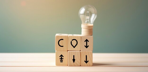 Creative idea solution and innovation concept Idea generation for business development Wooden cube blocks with light bulb and cycle icons on clean background and copy space AI Generative