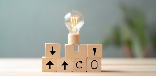 Creative idea solution and innovation concept Idea generation for business development Wooden cube blocks with light bulb and cycle icons on clean background and copy space AI Generative