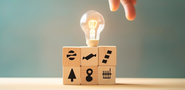 Creative idea solution and innovation concept Idea generation for business development Wooden cube blocks with light bulb and cycle icons on clean background and copy space AI Generative