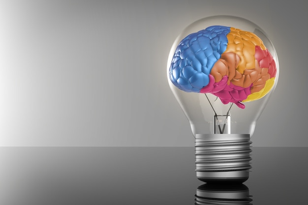 Creative idea with 3d rendering colourful brain and idea lightbulb