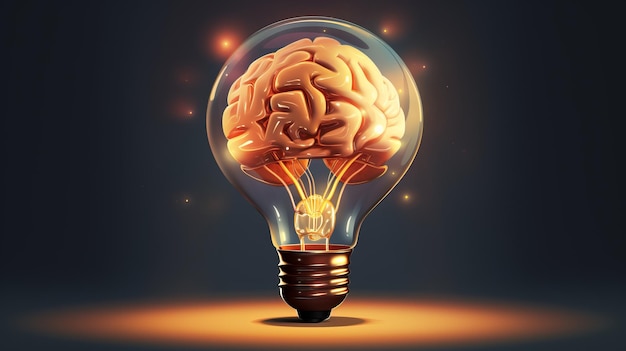 Creative idea with brain and light bulb illustration. AI generative.