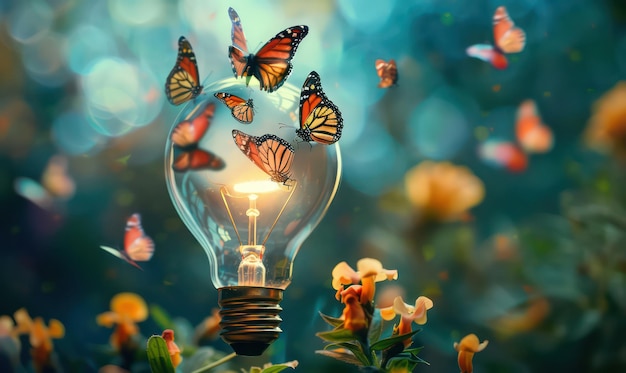 Фото creative idea with butterflies emerging from light bulb the sky light bulb with butterfly