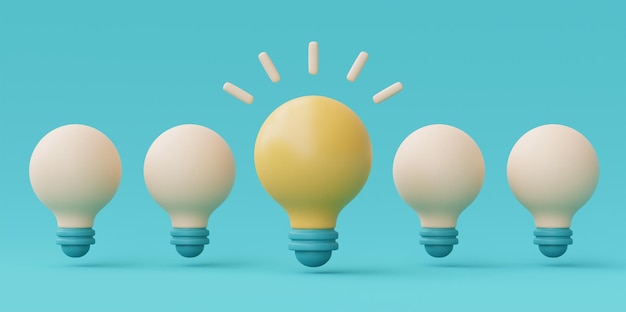 Creative ideas with one glowing light bulb among extinguished\
think different idea conceptminimal style3d rendering