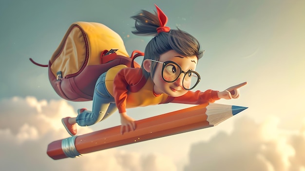 Creative illustration of a cheerful girl flying on a giant pencil Imagination and education concept Adventure and fantasy in a digital artwork for children AI