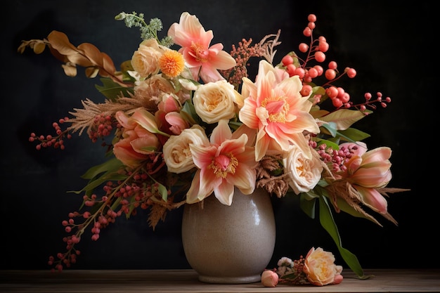 A creative image of a bouquet of fresh peachcolored flowers