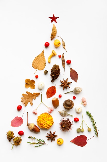 Creative image of handmade Christmas tree made of wild berries, dry leaves and flowers, anise, nuts, mushroom, spiny chestnut, cones, twigs on white surface. New Year concept. Flat lay.