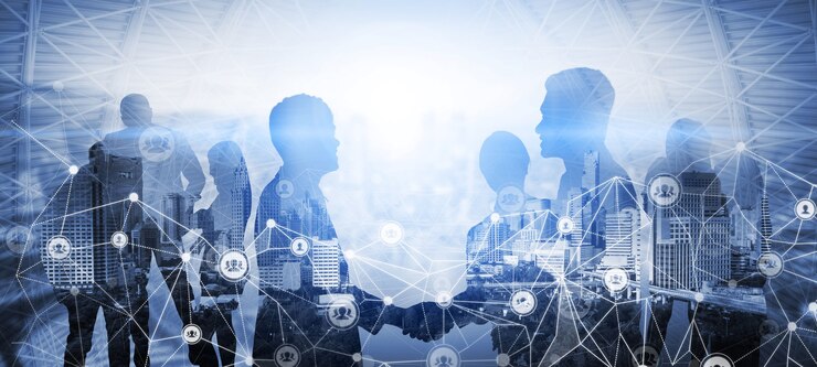 Photo creative image of many business people conference group meeting