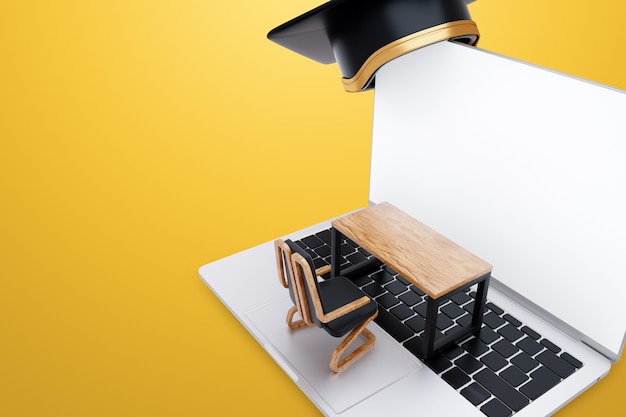 Creative image online education concept laptop study desk and graduation cap 3D rendering 3D illustration