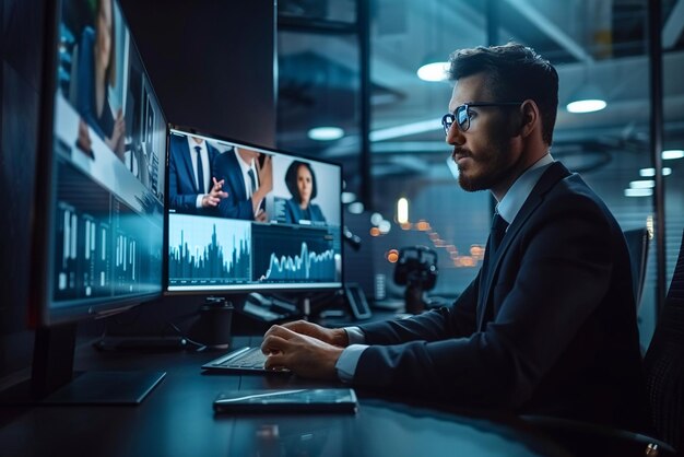 Photo creative image with hologram of a businessman in a corporate employee meeting via video call